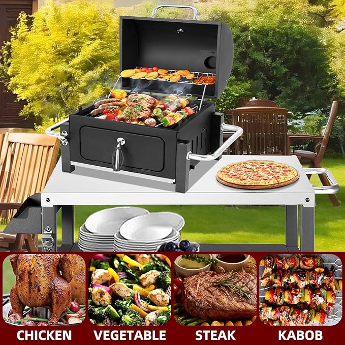 Portable Charcoal Grill, Tabletop Outdoor Barbecue Smoker, Small BBQ Grill for Outdoor Cooking Backyard Camping Picnics Beach by DNKMOR
