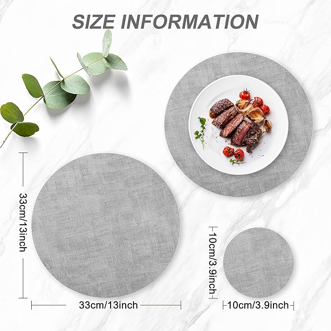 Round Faux Leather Placemats and Coasters, Set of 4, Reversible Heat Resistant Non-Slip Table Mats, Waterproof Wipeable Place Mats for Dining Table, Washable for Indoor & Outdoor (4, Light Grey)