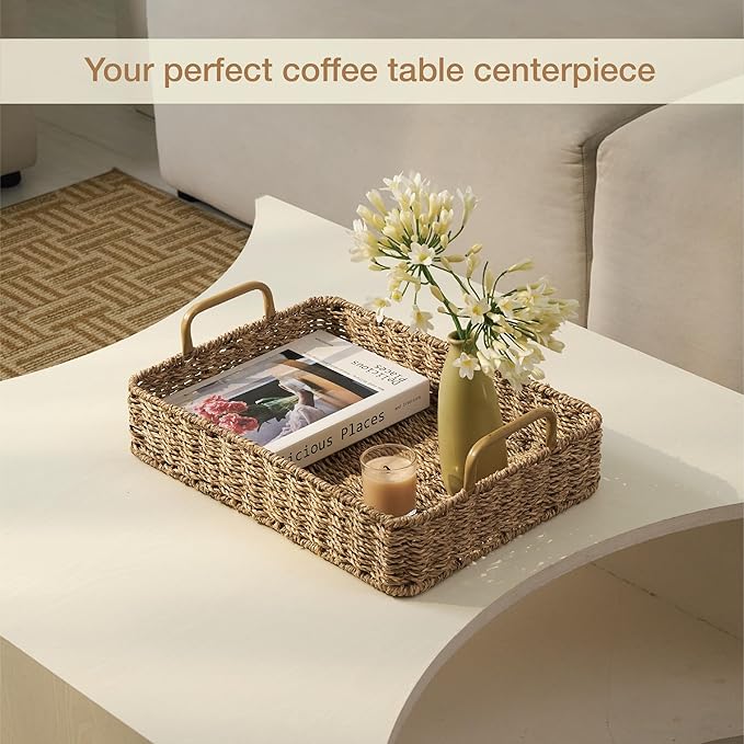 Set of 2 Rectangular Seagrass Trays with Handles - Decorative Trays for Coffee Table, Ottoman, Dining Room, Living Room