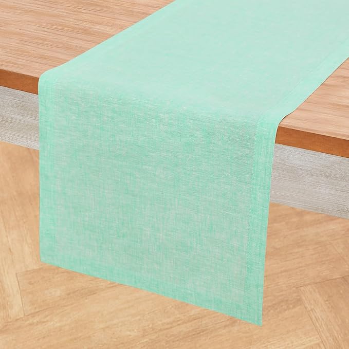 Solino Home Linen Table Runner 120 Inches Long - Athena, 100% Pure Linen Chambray Aqua Dining Table Runner 14 x 120 Inch for Winter, Spring, Easter