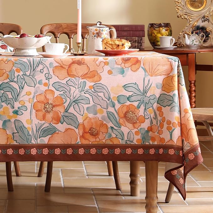 Vintage Linen Small Rectangle Tablecloth,Italian Orange Floral Soft and Wrinkle Resistan Table Cloth,Decor Table Cover for Kitchen,Dining,Thanksgiving,Christmas,55"*71"-Positano