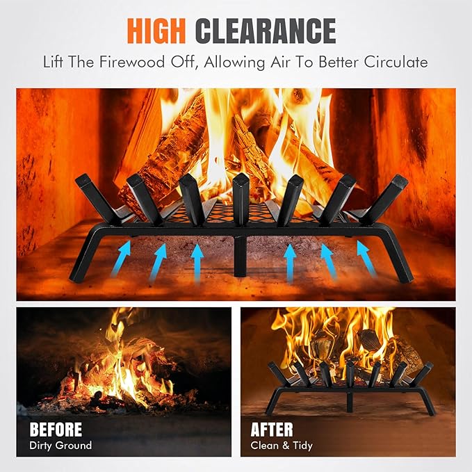 INNO STAGE Fireplace Grates with Ember Retainer - 24 Inch Fireplace Log Grate, Wood Stove Grate, Firewood Wood Log Holder Rack,Inside Wrought Cast Iron Fire Grate for Hearth Indoor Outdoor Camping