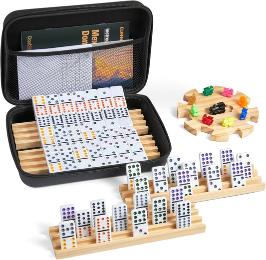 Mexican Train Double 12 Dominoes Set with 4 Wooden Trays/Racks in Portable Carrying Case Colorful 91 Tiles & 9 Trains Board Game for Family Game Night