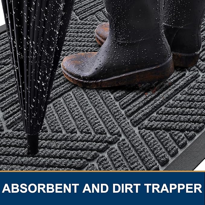 Smiry Front Door Mat Outside Entrance, Heavy Duty Sturdy Natural Rubber Doormat, Trap Dirt and Moisture, Easy Clean Low Profile Mats for Indoor Outdoor Entry, Irregular Triangle (59x35, Grey)