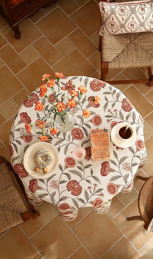 ISAENNE Designer French Round Tablecloth,Linen Orange Floral Pattern Indoor Table Cloth,Wrinkle Resistant Decor Table Cloth for Dining Thanksgiving Kitchen Party,Diameter 67"-Alvarado D