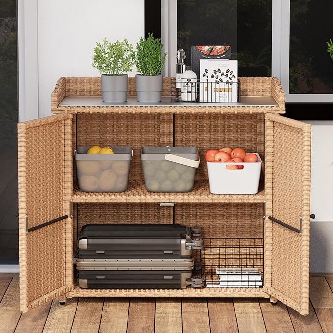 AECOJOY Outdoor Storage Cabinet & Potting Bench Table with Metal Top, Patio Storage Cabinet with Shelves and Adjustable Leg, Double Doors Garden Work Bench for Backyard, Patio, Lawn, Natural Wicker