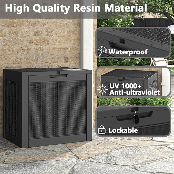 Outdoor Storage Box, Resin Deck Boxes Indoor and outdoor, Waterproof Storage Box Lockable Lid (Black, 31 Gallon)