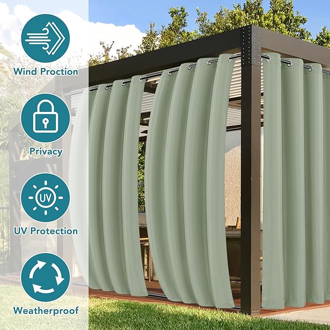 HolidayIdeas Gazebo Curtains Outdoor Waterproof 4 Panels-Windproof Weatherproof Privacy Curtains-Grommet Top and Tab Bottom Drape for Patio, Porch, Pergola, Cabana, Backyard 54x95 Inch Sage Green