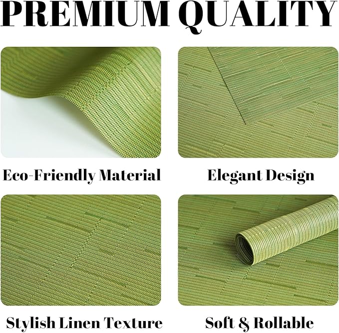 Placemats Set of 8 Vinyl/Plastic Woven Place Mats for Kitchen Table Indoor/Outdoor Washable Placemat Wipeable Dining Table Mats (Oliver Green,8)