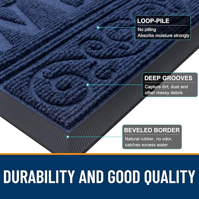 OLANLY Welcome Door Mat Indoor Outdoor Entrance, Heavy Duty Sturdy Front Door Mat, Waterproof All-Weather Doormat, Stain Resistant, Low Profile, Easy Clean Patio Entryway Mat, 59 x 35, Navy Blue