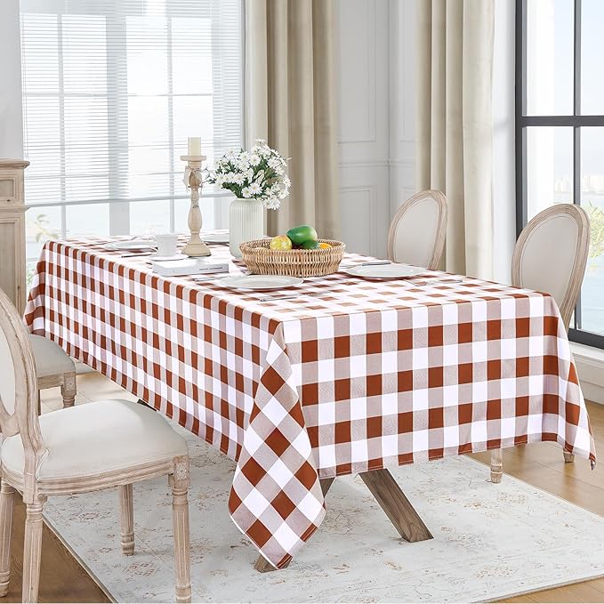 Softalker Gingham Checkered Tablecloth Rectangle - Outdoor Waterproof Buffalo Plaid Table Cloth, Stain Resistant Washable Table Cover for Picnic, Camping, Dining - Rust and White, 54 x 120 Inch