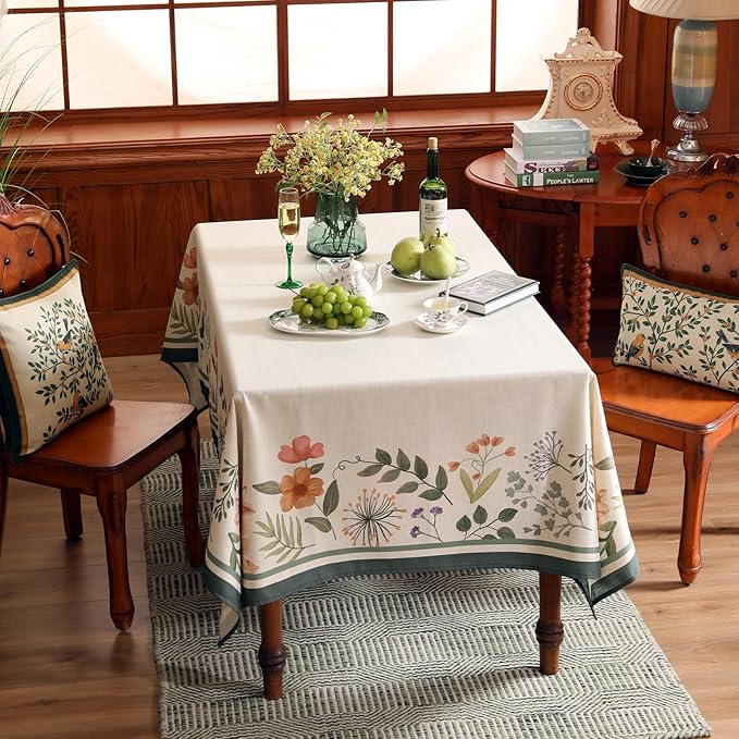 Beige Linen Rectangle Tablecloth,Vintage French Shabby Chic Floral Wrinkle Free Table Cloth,Decor Table Cover for Kitchen,Dining,Party,Home,Christmas,Thanksgiving,63"*87"-Manolya
