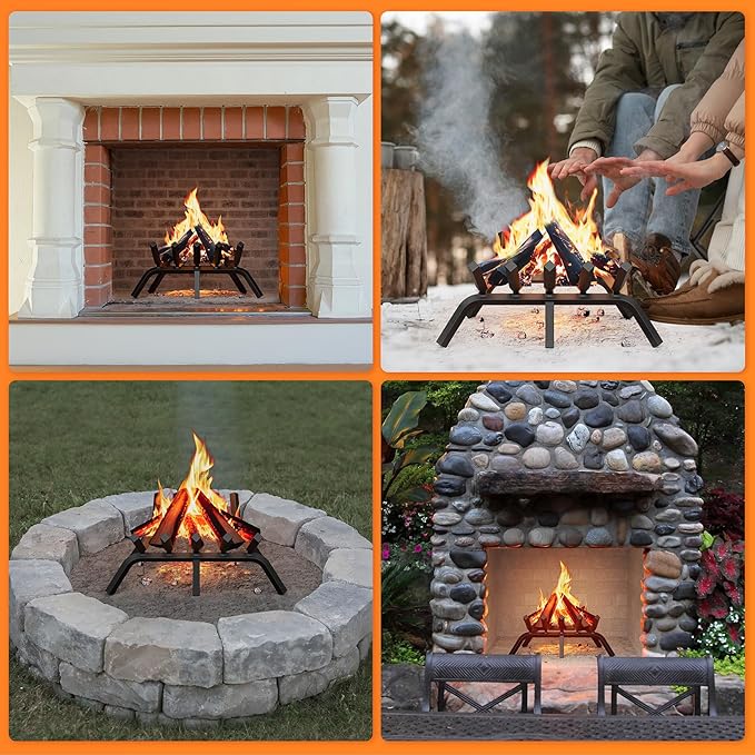 Fireplace Grate 17 Inch, Solid Steel Heavy Duty Fireplace Log Holder with 6 Support Legs, Fireplace Log Grate for Indoor Fireplace & Outdoor In-ground Firepit