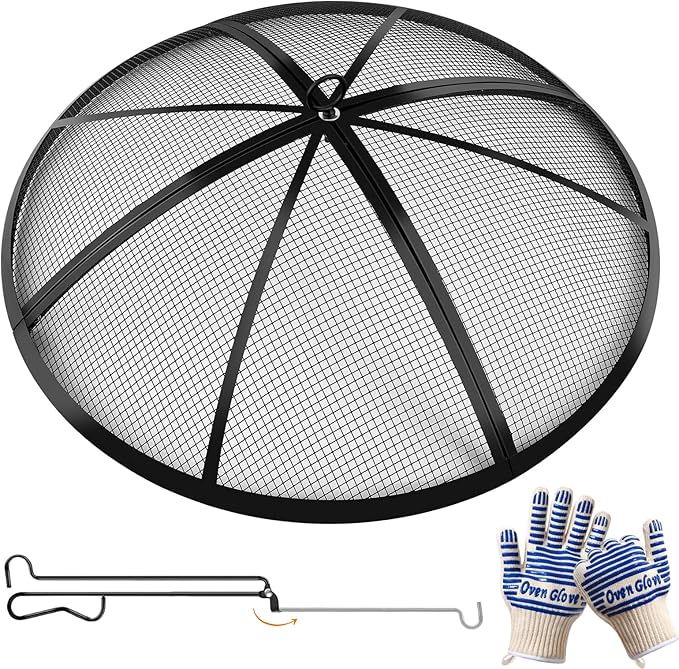 Fire Pit Spark Screen, Outdoor 30 Inch Round Fire Pit Screen with Foldable Hook and Fire Safety Gloves, Heavy Duty Steel Mesh Fire Pit Cover, Fire Pit Lid for Backyard, Beach, RV Camping