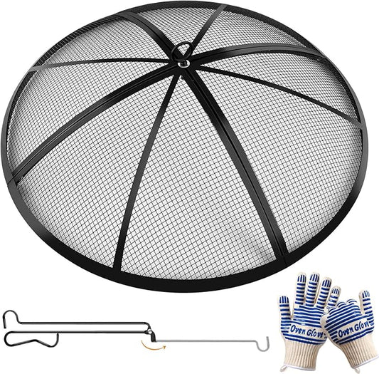 Fire Pit Spark Screen, Outdoor 22 Inch Round Fire Pit Screen with Foldable Hook and Fire Safety Gloves, Heavy Duty Steel Mesh Fire Pit Cover, Fire Pit Lid for Backyard, Beach, RV Camping