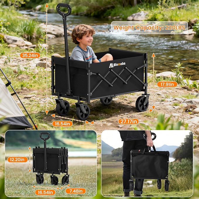Collapsible Wagon with Wheels, 220 lbs Wagons Carts Foldable Wagon Cart with Flexible Handle, Lightweight Portable Folding Utility Grocery Shopping Cart for Grocery Sports Garden Camping