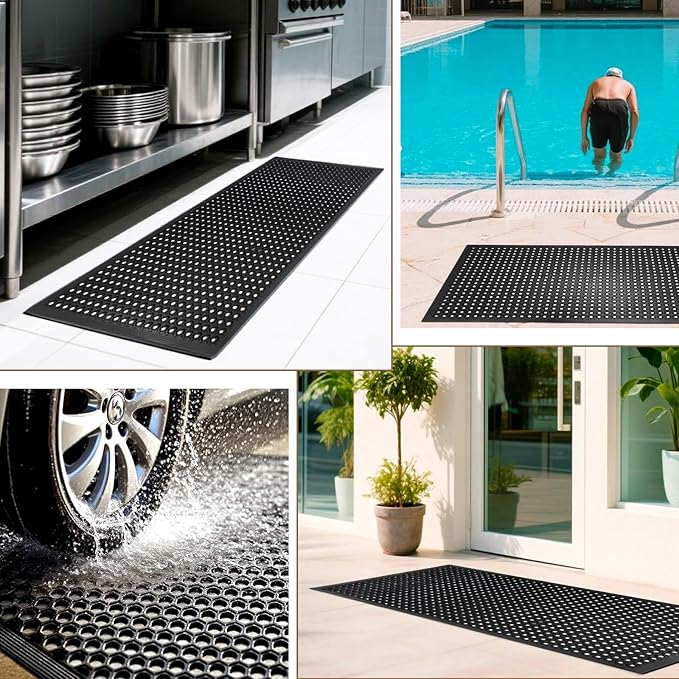 Restaurant Anti Fatigue Mat, Outdoor Rubber Floor Bar Mat, 36"X60" Non-Slip Kitchen Commercial Mat with Drainage for Garage, Entryway, Kitchen, Bar, Black