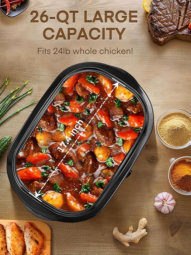 FOHERE 26QT Electric Roaster Oven with Visible & Self-Basting Lid, Large Turkey Roaster with Defrost & Warm Function, Adjustable Temperature Control, Removable Stainless Steel Pan & Rack, Red