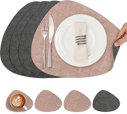 Placemats and Coasters, Washable Reversible Placemats Round Faux Leather Wipeable Place Mats Non Slip Heat Resistant Indoor Outdoor Table Mats (Set of 4, Gray Pink)
