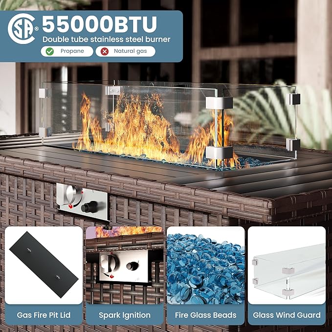 7 Piece Patio Furniture Set with Fire Pit Table, Outdoor Conversation Sets Wicker Rattan Sectional Sofa with Coffee Table, 4'' Thickened Cushion Navy Blue (Include Waterproof Cover)