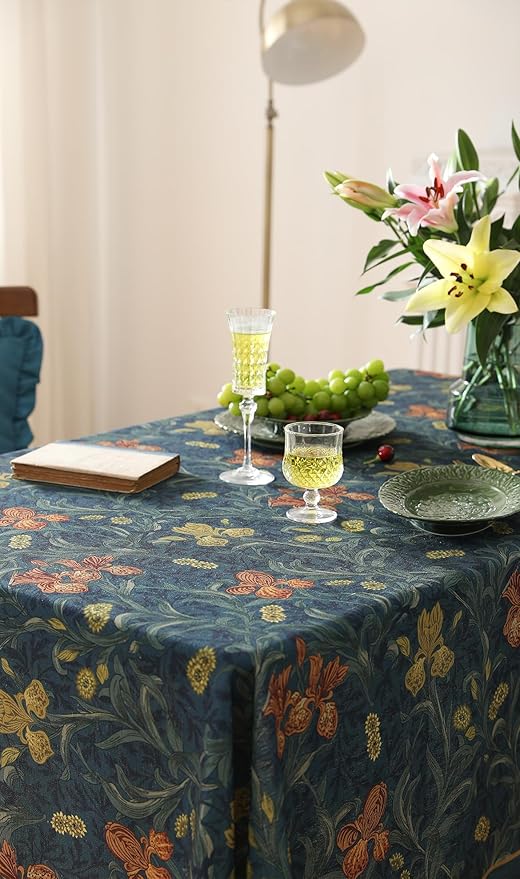 patdrea Designer Vintage Dark Blue Linen Square Tablecloth,French Rustic Floral Pattern Tablecloths,Decorative Table Cover Cloth for Kitchen,Dining,Tea Party,Home,Christmas,55"*55"