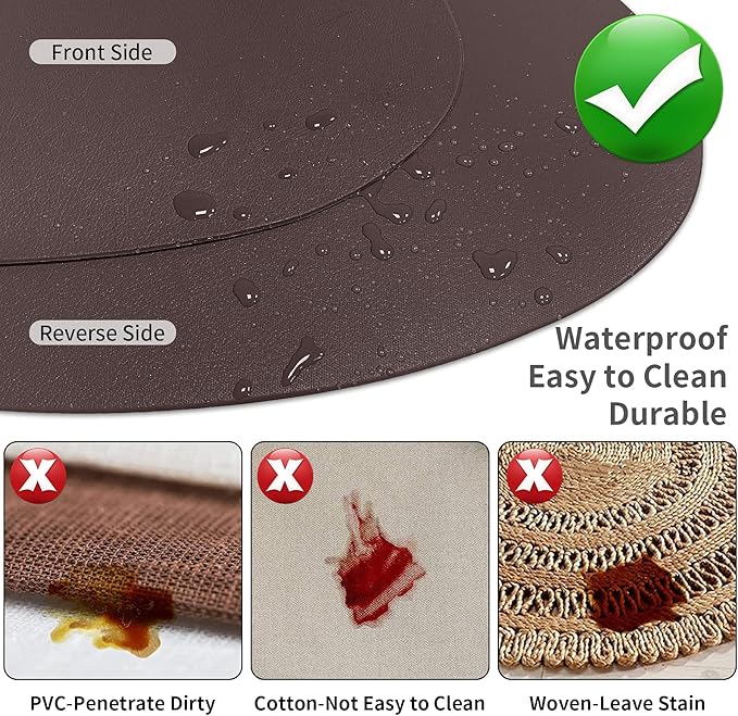 Herda Brown Placemats Set of 6 Round Faux Leather Non-Slip Place Mats Wipeable Washable Placemats Heat Resist Placemats for Round Table for Kitchen Dining Patio Easy to Clean
