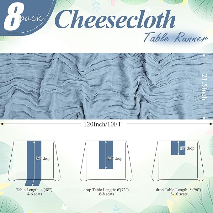 8 Packs Cheesecloth Table Runner 10FT Long Boho Gauze Fabric Table Runner Vintage Rustic Sheer Runners for Wedding Party Bridal Baby Shower Table Decorations (Dusty Blue)