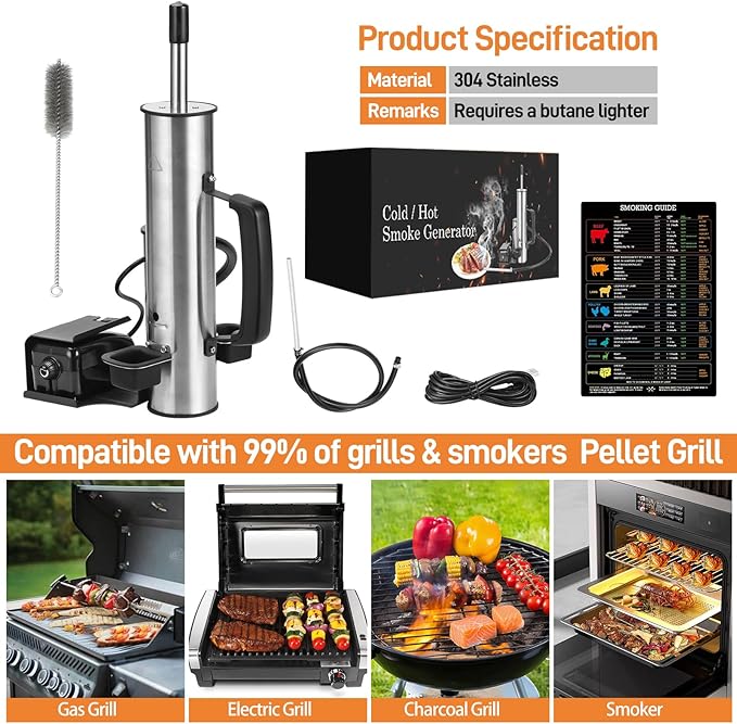 Portable Electric Smoke Generator, Adjustable Smoke Control, Fits 99% Pellet Smokers & Grills, Cold/Hot Smoking Modes for Meats/Salmon/Cheeses, with BBQ Smoker Guide
