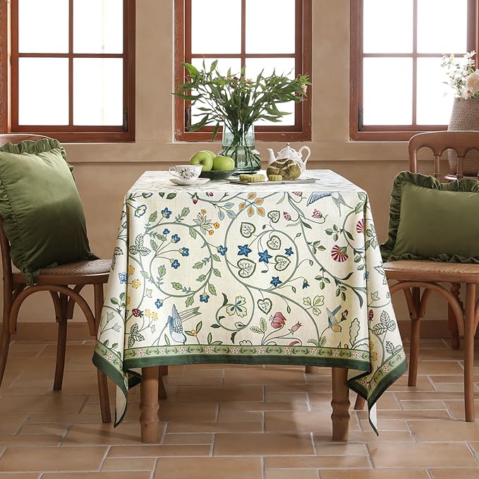 Linen Table Cloth Rectangle,Wrinkle Resistant French White and Green Tablecloth Print with Froal,Decor Stitch Table Cloth for Thanksgiving,Dining Room,Home,55" × 87"-Idaho A