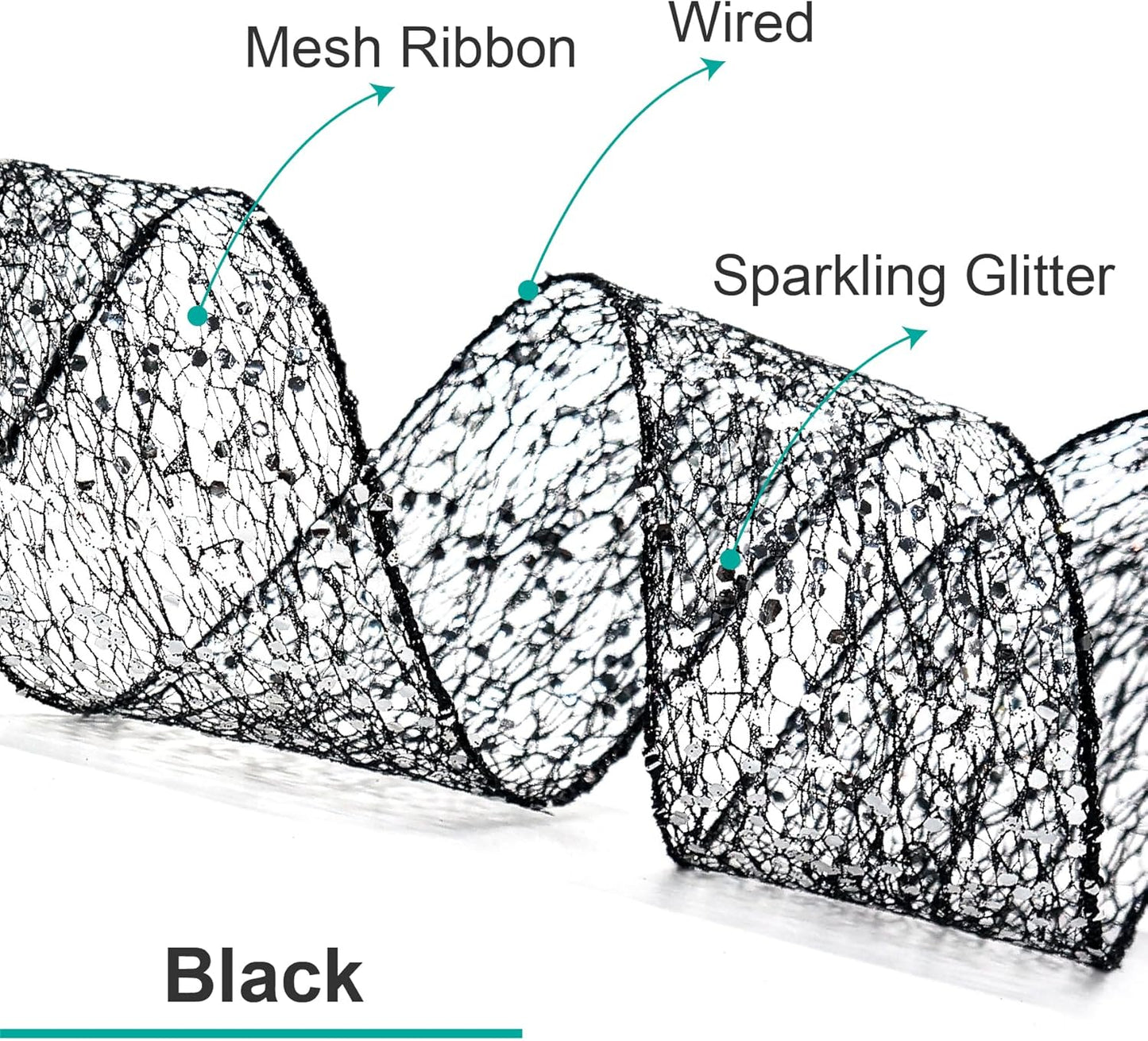 CT CRAFT LLC Sparkling Glitter Mesh Wired Ribbon 4" x 10 Yards Black for Christmas Home Decor Bow Gift Wrapping DIY Crafts Wreath