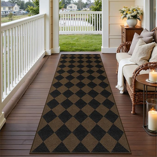 Easy Jute Checkered Runner Rug, 2.6x8 Coffee Modern Washable Rugs Runner for Hallway Non-Slip Kitchen Runner Rug, Geometric Diamond Indoor Outdoor Carpet for Porch Laundry Entryway