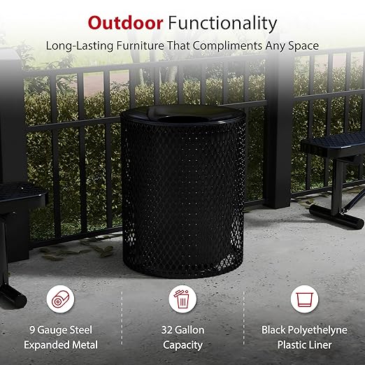 Leisure Craft Heavy-Duty 32 Gallon Receptacle, Portable, Liner Included, Made with Heavy-Gauge Metal and a Durable Thermoplastic Coating, Commercial Outdoor Park Receptacle, Made in The USA