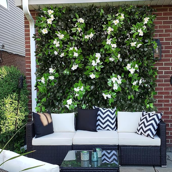 Expandable Fence Privacy Screen for Balcony Patio Outdoor,Decorative Faux Ivy Fencing Panel,Artificial Hedges (Single Sided Leaves) (2, Branches -White Fowers)