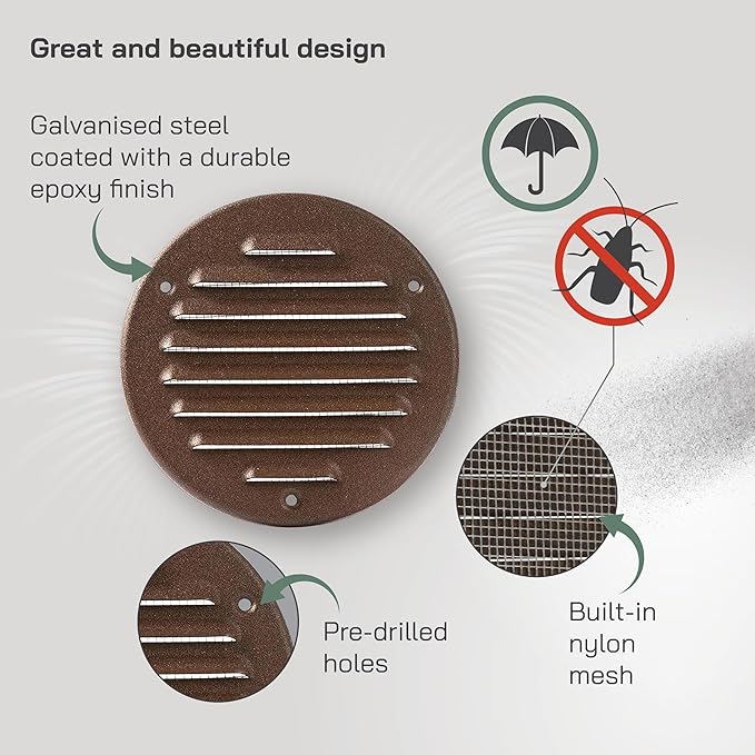 Vent Systems - 4 Inch (Inner) Pack of 10 Brown Metal Round Soffit Air Vent Grille Cover, Register air Vent Deflector, Louver - Built-in Mesh - HVAC for Bathroom, Home Office, Kitchen 5 Inch (Outer)