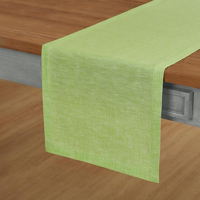Solino Home Linen Table Runner 108 Inches Long - Athena, 100% Pure Linen Chambray Lime Green Dining Table Runner 14 x 108 Inch for Spring, Easter, St Patricks Day