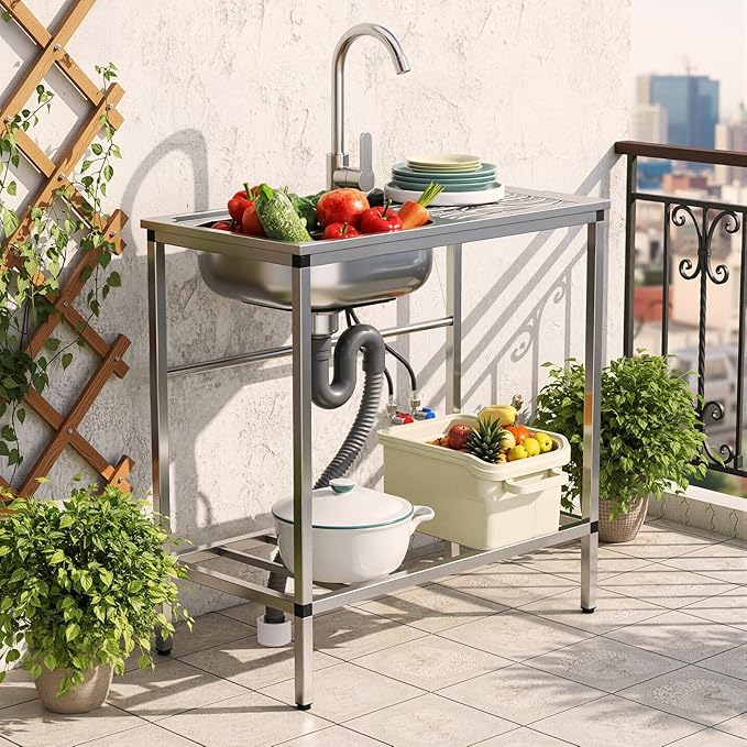 Stainless Steel Utility Sink with Cabinet, Outdoor Sinks Station for Patio & Camping, Kitchen and Cabinet Combo Stainless Steel