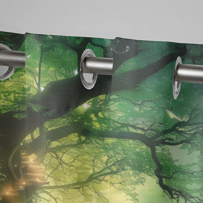 Fantasy Theme Waterproof Indoor/Outdoor Curtains,Forest Pattern,Privacy, Grommet Curtains for Patio, Pergola, Porch, Deck, Lanai, and Cabana,2 Panel,W54 x L96,Green