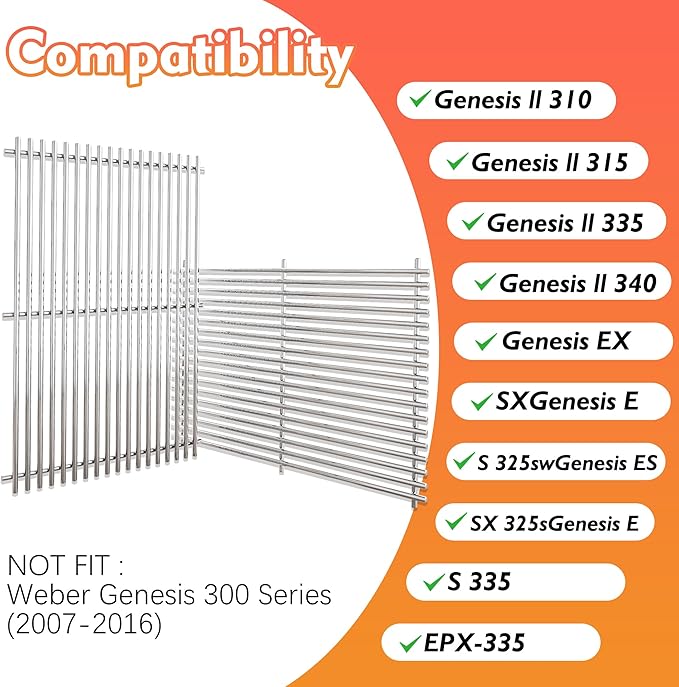 19.5" Grill Grates for Weber Genesis 300 Series，Cooking Grates for Weber Genesis E310 E320 E330 S310 S320 S330, Replacement Parts for Weber 7528/7524, 304 Stainless Steel