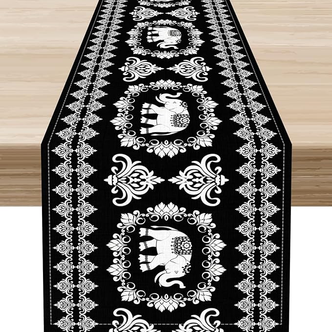 Boho Elephant Table Runner, Rustic Black African Tribe Animal Damask Diwali India Mandala Art Print Coffee Table Center Decor for Home Kitchen Holiday Party Outdoor Table Decorations, 13"x36"
