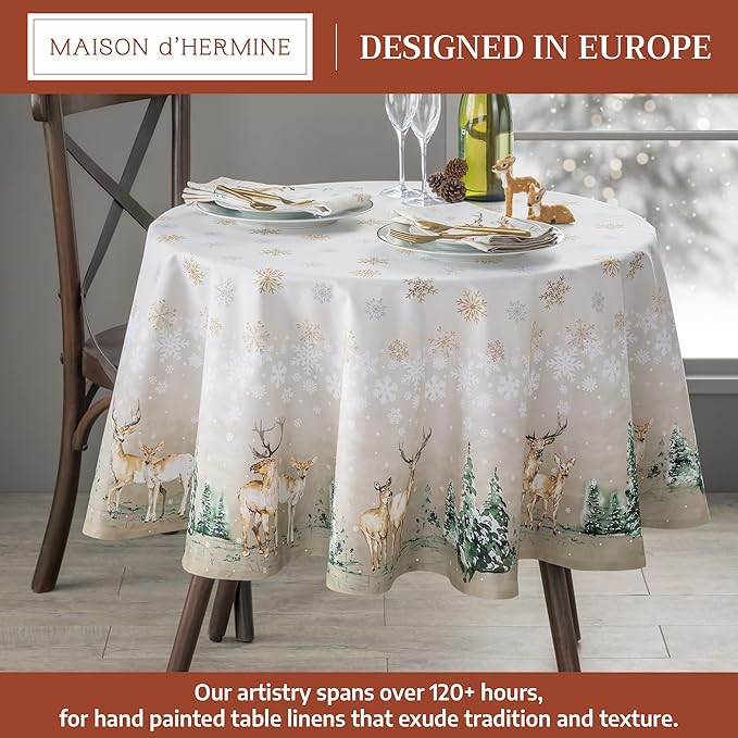 Maison d' Hermine Table Cloth Round Table 100% Cotton 63 Inches Fall Tablecloth Reusable Everyday Use for Thanksgiving Christmas Decorations Dining Farmhouse Party (Deer in The Woods)
