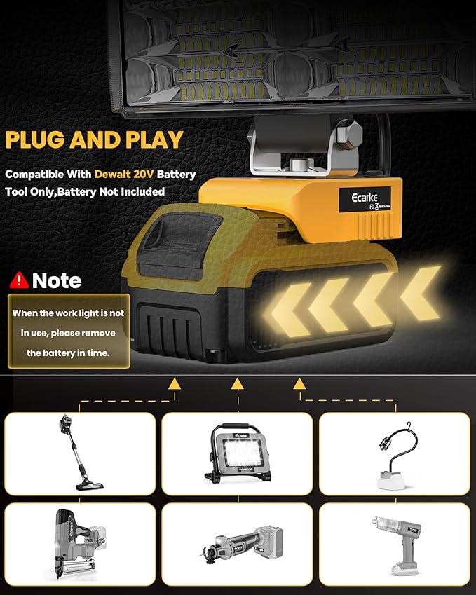 Ecarke LED Work Light Compatible with DeWALT 20V, 100W 10000LM Cordless Flashlight, 7" Battery Flood Light with Low Voltage Protect for Emergency, Job Site & Security Lighting, Battery Not Included