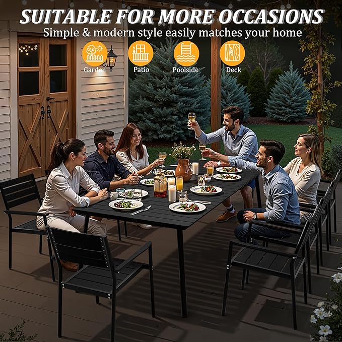 95" Patio Outdoor Dining Table for 8-10, Weather-Resistant Wood-Grain Top with Aluminum Frame & Umbrella Hole for Deck Gatherings, Black