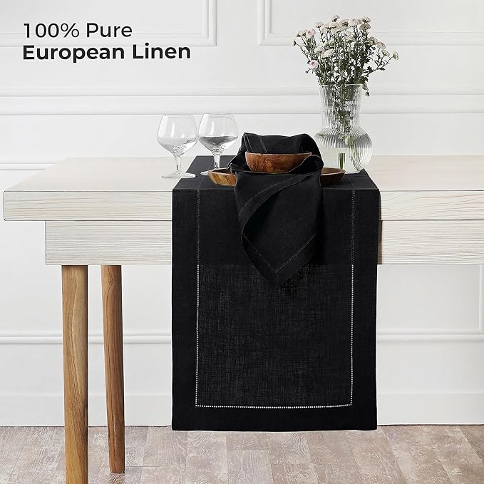 D'Moksha Homes Linen Black Table Runner 108 Inches Long - 100% Pure Linen 14 x 108 Inch Table Runner for Spring, Easter - Classic Hemstitch