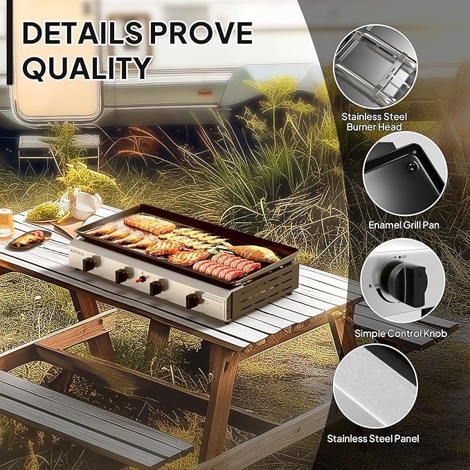 ROVSUN 4 Burner Portable Propane Griddle with Electronic Ignition & Regulator, 40,000 BTU Tabletop Flat Top Gas Grill with Nonstick Enameled Tray for Outdoor Cooking Camping BBQ Tailgating
