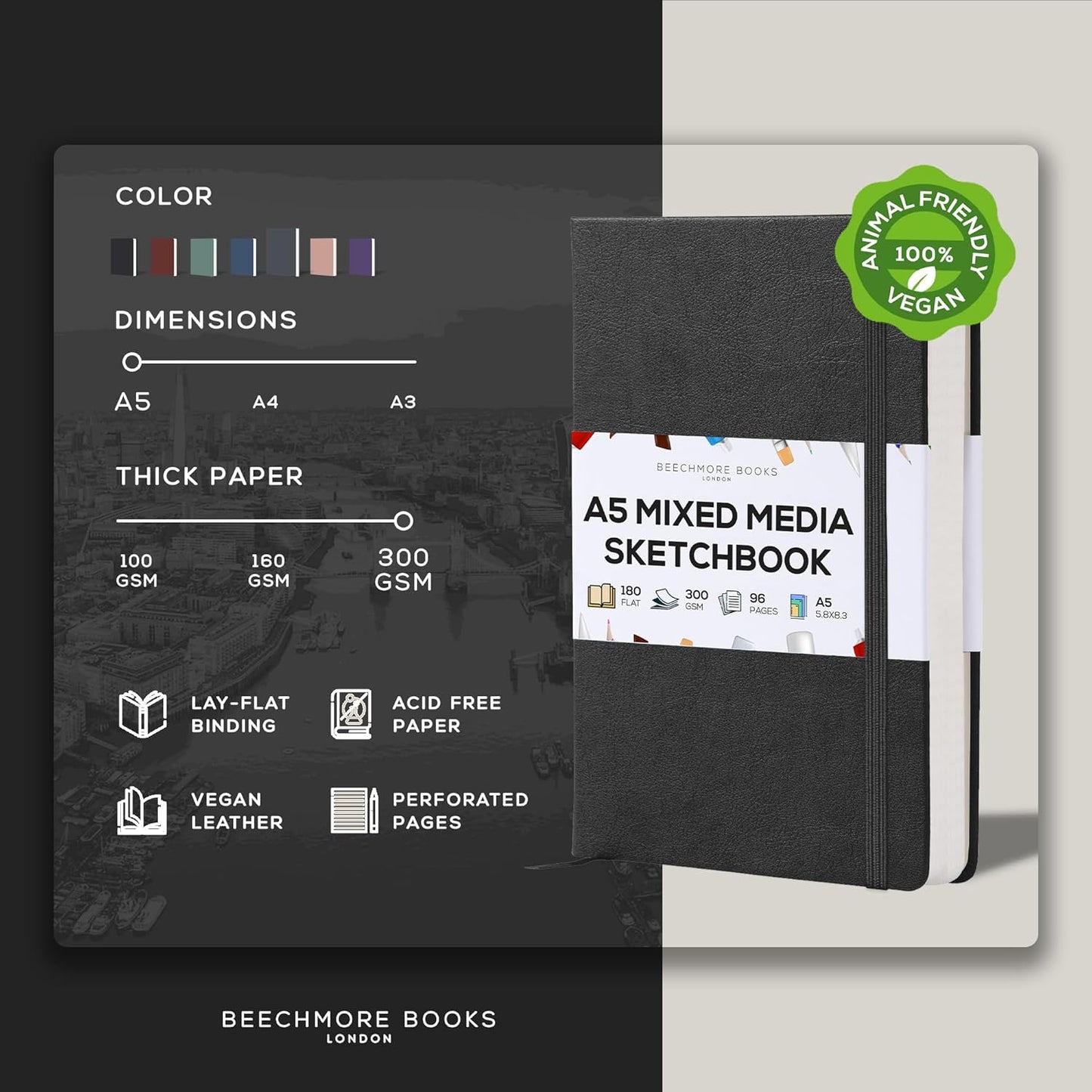 Beechmore Books A5 Sketch Book – 5.8"x8.3" Premium Vegan Leather Hardcover Sketchbook, 96 Thick 300gsm Perforated Ivory Pages, Ideal for Sketching, Watercolor & Mixed Media, Includes Back Pocket