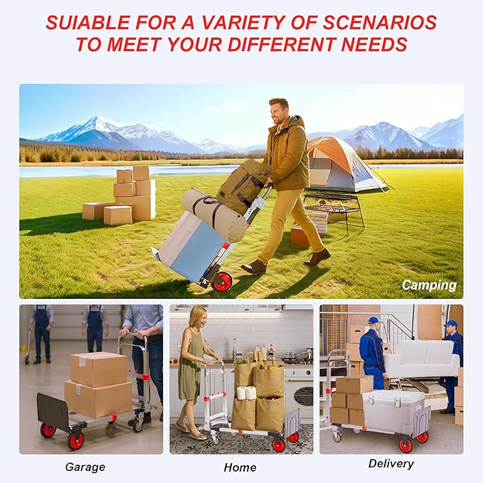 Upgraded 3 in 1 Aluminum Folding Hand Truck, 600lbs Capacity, Heavy Duty Convertible Dolly with Retractable Handle and 4 Rubber Wheels, Collapsible Cart for Moving Home, Office, Warehouse (Red)