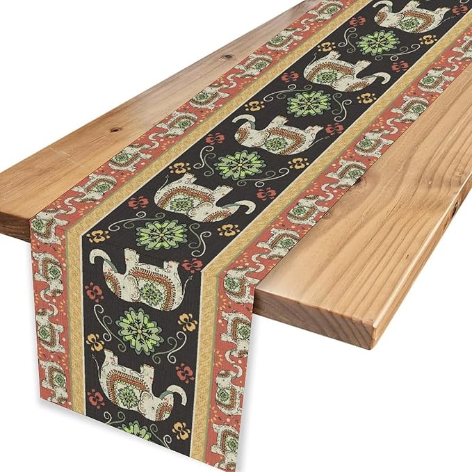 Boho Elephant Table Runner, Rustic African Tribe Indian Diwali Floral Ethnic Rustic Green Coffee Table Center Decor for Home Kitchen Dining Holiday Party Country Outdoor Table Decorations, 13"x90"