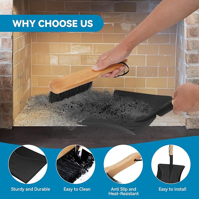 G GOOD GAIN Fireplace Ash Shovel and Brush Set -Rust Resistant Metal Fireplace Shovel for Ash Cleaning, Fireplace Tools Set Indoor & Outdoor for Stoves, Fireplace Broom and Dustpan Set for Fire Pit