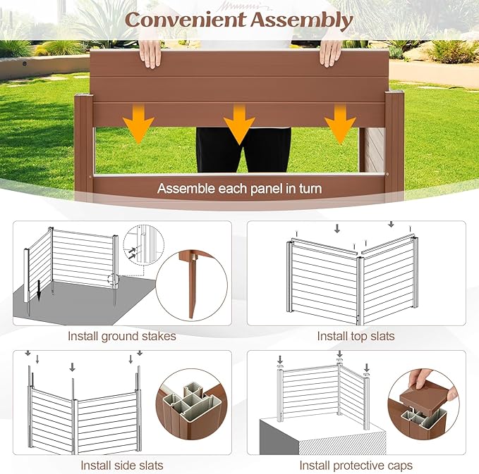 Giantex Air Conditioner Fence 4 Panels - 48''W x 36''H Outdoor Privacy Screen Trash Can Enclosure with Stakes, PVC Vinyl Freestanding Picket Fences for Garden Patio Lawn AC Unit Pool Pump, Brown