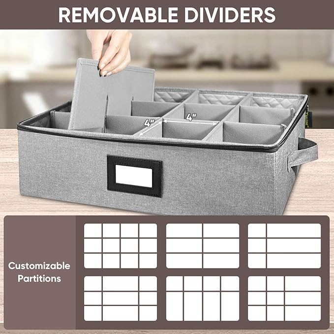 BALEINE China Storage Containers, Sturdy Quilted Wine Glass Storage, Plate Organizer with Carry Handles, Moving Boxes for Dishes, Cups, Mugs and Stemware (Plate Mug Combo, Hard Shell Grey)